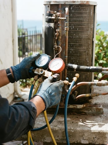 A close-up of a technician's hands in bright coastal daylight using manifold gauges on an outdoor copper pipe condenser unit, sharp focus, 35mm