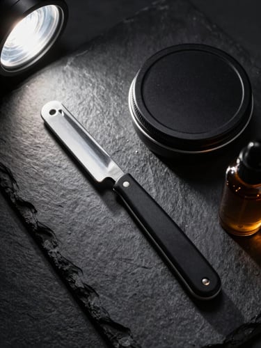 Extreme close-up overhead flatlay — a straight razor, a matte black pomade tin, and a small amber glass fragrance bottle arranged on a dark slate surface, directional studio strobe from the upper-left casting precise hard shadows, high-contrast editorial still-life framing