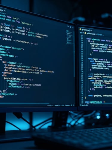 Macro close-up of clean React code on a dual monitor setup, neon electric blue and cyan accent glows, shallow depth of field, 35mm