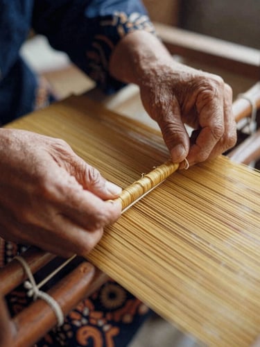Close-up of an artisan's hands weaving golden songket threads on a traditional wooden loom, warm side-lighting, shallow depth of field, 35mm film texture