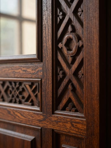Detailed macro texture of dark polished timber with intricate geometric Malay woodcarvings, warm window light casting soft shadows, elegant editorial framing