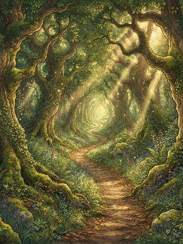 Vertical storybook illustration of a sun-dappled forest path winding between ancient mossy oak trees, warm golden sunlight filtering through a dense green canopy, magical atmosphere, deep perspective.