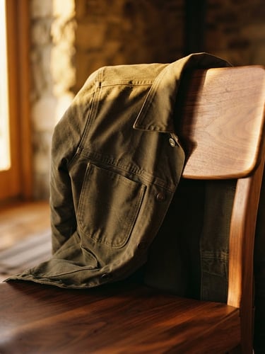 Warm sunlit close-up of a heavy organic cotton jacket draped over a solid walnut chair, golden-hour sunlight casting long soft shadows