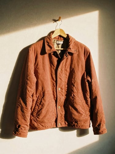 A well-worn terracotta cotton jacket hanging on a wooden peg in a sunlit room, soft golden light casting long shadows on a plaster wall, 35mm film look
