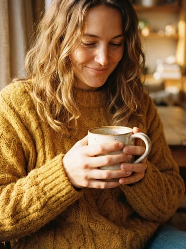 Close-up of a person wearing a heavy marigold knit sweater, holding a ceramic mug in warm golden-hour sunlight, soft shadows, 35mm film look