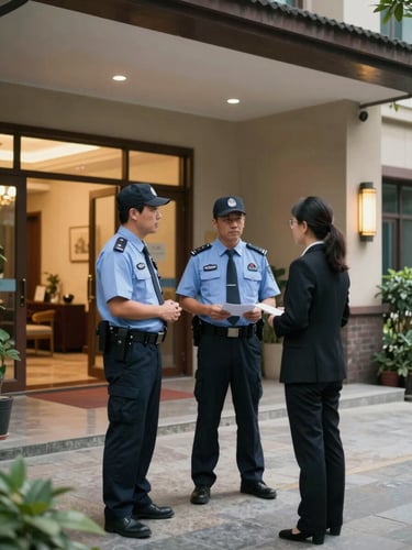 Wide environmental shot inside a residential complex entrance, two security officers in professional attire speaking with a property administrator, warm ambient lighting, calm and collaborative atmosphere, occupied lobby