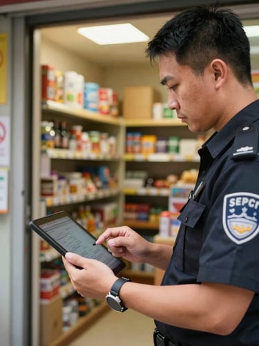 Close-up of a security guard reviewing a tablet at a small retail shop entrance, warm interior lighting, shelves and merchandise visible softly in the background, professional consultation in progress