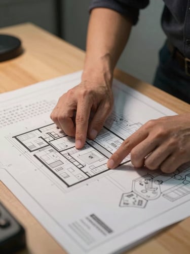 Close-up of a security professional reviewing a site plan spread on a table under warm task lighting, hands tracing a building perimeter, focused and deliberate, professional consultation setting