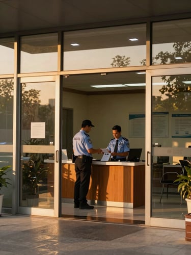 Wide environmental shot of a controlled commercial entrance at golden hour, warm amber light spilling across a glass lobby door, a security officer in professional attire checking credentials at a reception desk, calm and welcoming atmosphere, no threat or tension