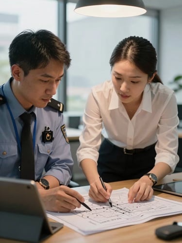 Close-up of a security professional and a property manager reviewing a site plan together at a table, warm task lighting from above, physical documents and a tablet visible, engaged professional conversation, office environment with large windows