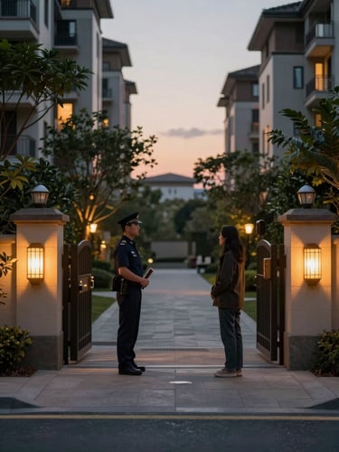 Panoramic entrance of a residential complex at dusk, a guard stationed at the access gate consulting with a resident, warm amber lanterns framing the gate, trees and building facades softly lit in the background