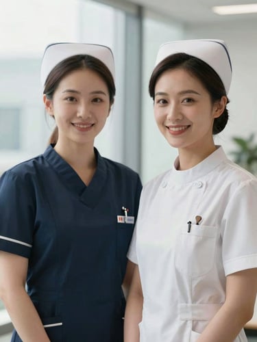 Two professional female nurses in elegant, non-clinical office attire, smiling warmly, soft natural daylight, high-end editorial portrait.