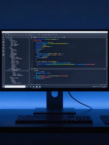Minimalist clean developer workspace with a single monitor displaying code, cool neon blue backlighting, dark slate tones, high contrast, macro lens.