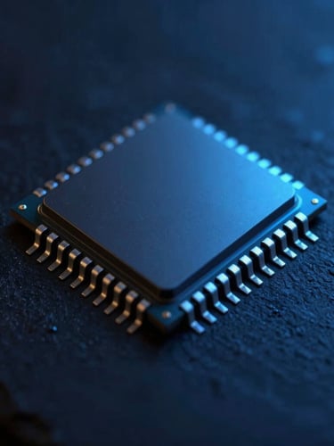 Macro close-up of a modern silicon microchip, cool neon cybernetic lighting, dark slate and electric blue tones, high contrast, minimalist digital photography.