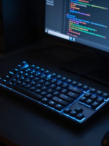Close-up of a clean, minimalist developer workspace at night, single mechanical keyboard glowing with soft blue backlight, code visible on a vertical monitor in the background, high contrast dark aesthetic.