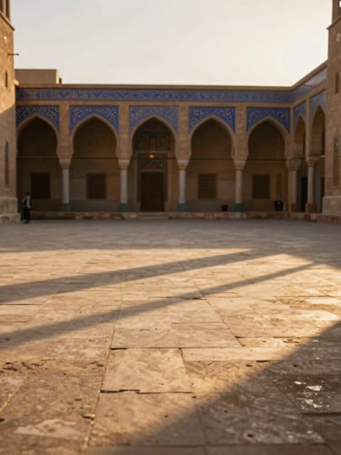 A quiet, sun-drenched courtyard of an historic Cairo mosque, shadows stretching across warm stone tiles, soft golden hour light, editorial framing.