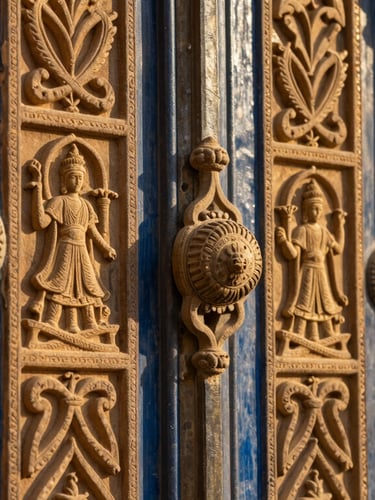 Close-up of intricate stone carvings on an ancient Cairo mosque door, warm golden sunlight, shallow depth of field, architectural detail.