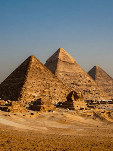 A majestic view of the Giza Pyramids shot from a low, uncrowded angle during golden hour, warm desert haze, rich terracotta tones, editorial travel photography.