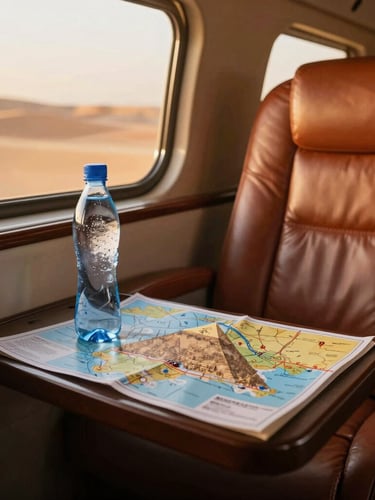 A close-up of a luxury leather seat inside a private transport vehicle, golden hour light filtering through the window, showing a bottle of cold water and a curated map of Cairo on the side table, warm and inviting atmosphere.