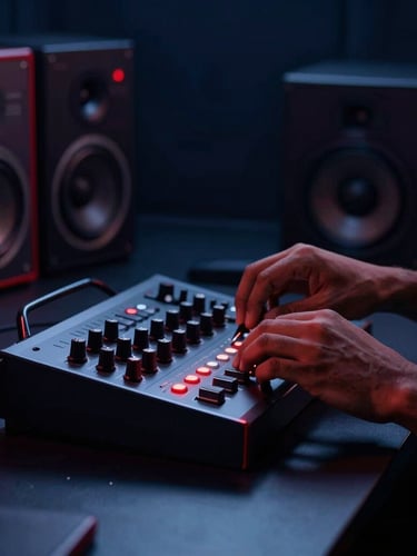 Atmospheric shot of a modern Indian creator's hands adjusting a sleek audio interface, deep navy shadows, sharp crimson-red accents, cinematic lighting