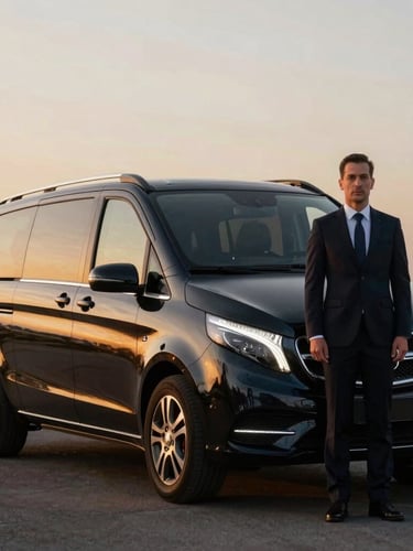 Medium shot of a pristine dark Mercedes V-Class executive van parked at golden hour, elegant reflections on the polished body, professional chauffeur in a sharp dark suit standing ready, cinematic editorial photography, 35mm lens.