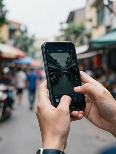 Close-up of a traveler's hands holding a compact digital guide on a phone screen against a blurred backdrop of a bustling street market in Hanoi, overcast daylight