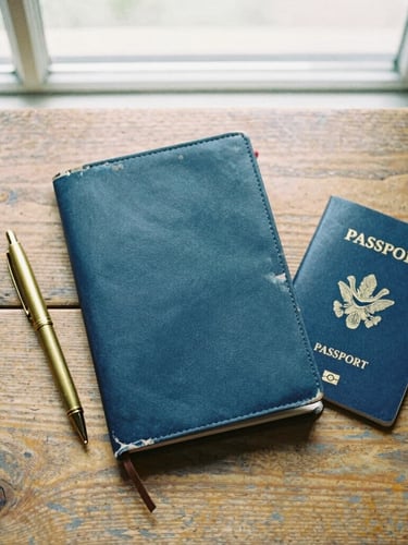 Overhead flat-lay of a battered travel journal, brass pen, and passport on a weathered wooden table, soft natural window light, 35mm film style