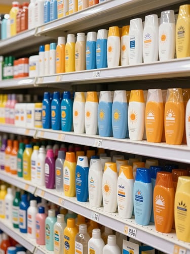 Bright commercial photography of a local Ecuadorian minimarket shelf fully stocked with sunscreens and repellents, warm sunny daylight streaming in, crisp sharp focus, 35mm lens