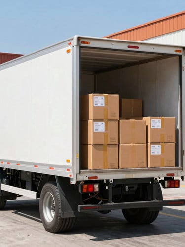 Bright commercial photography of a delivery truck being loaded with neat wholesale boxes in a clean Quito warehouse, sunny natural daylight, vibrant tones, sharp focus