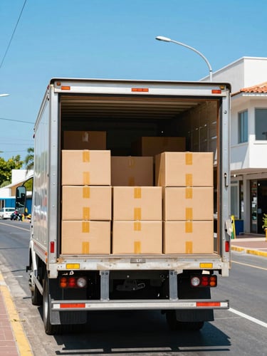 Bright commercial photography, a delivery truck with wholesale boxes being unloaded in a sunny coastal town in Ecuador, vibrant saturated tones, crisp sharp focus.