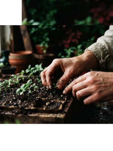 Wide panoramic image, cropped tight on soil-stained hands tending to young sprouts, natural high-contrast side-lighting, deep crimson and forest green tones, rich textures, 35mm film