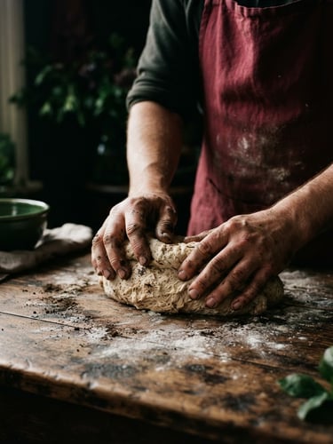 Soil-stained hands kneading sourdough on a rustic wooden table, natural high-contrast side-lighting, rich textures, 35mm film, moody editorial photography, deep crimson and forest green tones.