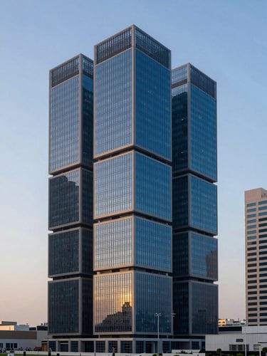 Wide shot of modern architectural geometry in a Gulf business hub at golden hour, sharp focus, blue-toned studio light, conveying precision and scale.