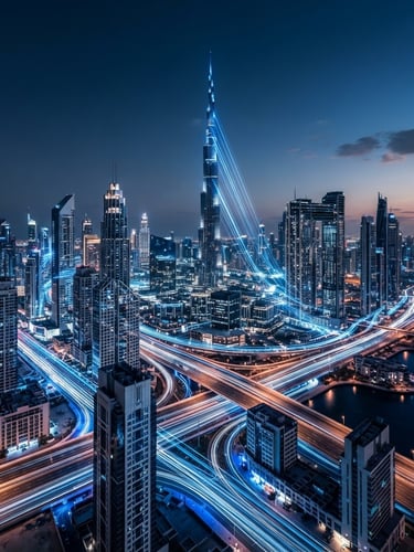 Wide panoramic shot of Dubai's modern architectural geometry at dawn, sharp blue-toned studio light, high-contrast, light trails of data flowing through buildings, conveying speed and structural growth.