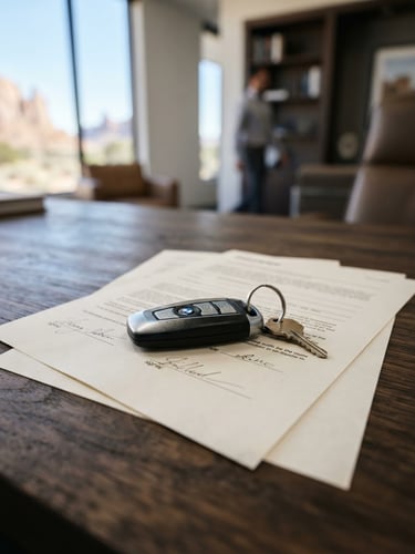 A close-up of car keys resting on signed insurance documents on a dark wooden desk, soft natural light, professional corporate setting.