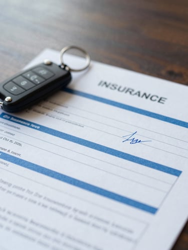 Close-up of a signed insurance policy document on a dark wood desk, a set of modern car keys resting beside it, soft natural light, professional editorial style.