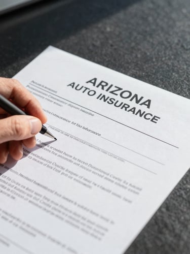 Tight macro detail of a hand signing a clear-cut Arizona auto insurance policy document on a dark slate desk, bright daylight, sharp focus