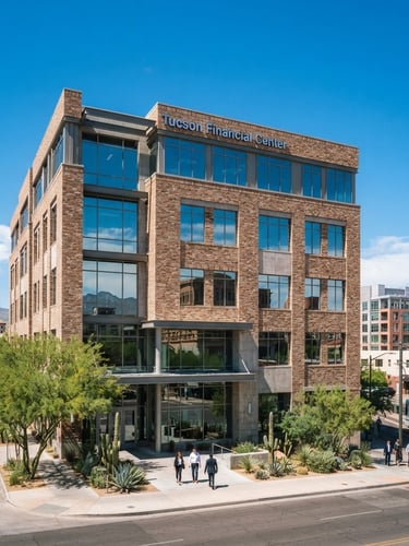 Crisp editorial photography of a modern brick-and-glass office building in downtown Tucson under bright southwestern daylight, sharp focus, 35mm