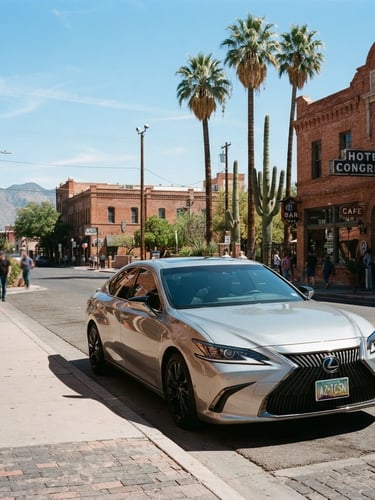 A clean modern sedan parked along a downtown Tucson street with brick buildings and desert palms in bright southwestern daylight, sharp editorial focus.