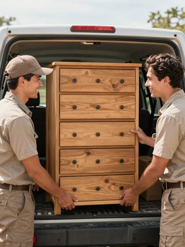 Bright, natural daylight shot of a neatly arranged, sturdy wooden dresser being carefully loaded into a clean OTF Pick Up truck by two friendly team members in uniform, smiling, 35mm lens, soft earthy tones.