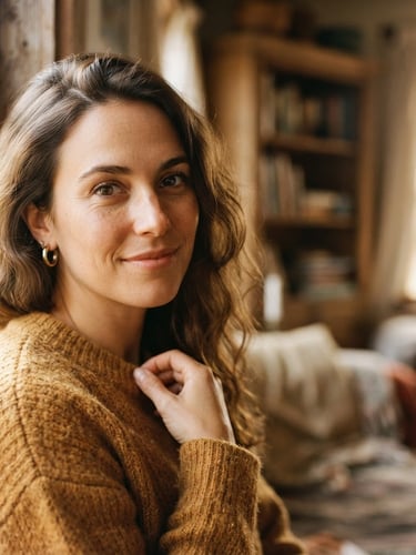 Close-up artistic portrait of a woman with expressive eyes, soft natural window light, rich tactile textures, nostalgic golden tones, 35mm film look, with generous negative space on the right