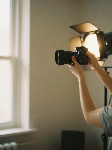 Photographer adjusting studio lights for a portrait session, warm backlighting, professional equipment visible, soft focus on the subject, 35mm film look, with generous negative space on the left.