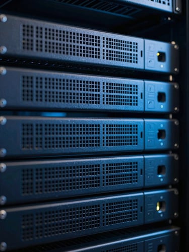 Macro close-up of neat server racks with cool crisp studio lighting and subtle blue ambient highlights, sharp focus, 35mm