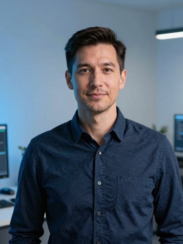 Authentic professional portrait of an IT consultant in a clean modern workspace, cool studio lighting with subtle blue ambient highlights, sharp focus, 35mm