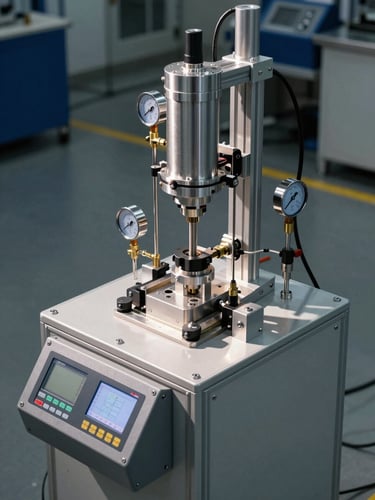 Wide left-framed shot of a pneumatic leak-test rig on a factory floor, overhead shop-floor task lighting casting crisp shadows across machined aluminium fixtures, pressure gauges and digital readout panel visible in the foreground, machine components under test clamped precisely, no human figures