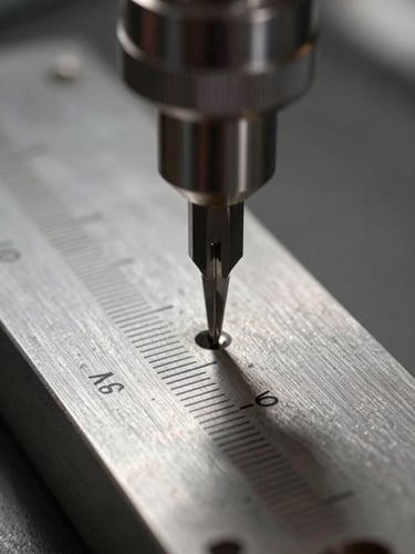 Extreme close-up of a precision gauge needle resting against a measurement scale on a steel fixture, overhead task lighting casting sharp shadows, machined surface texture visible, documentary framing, no people