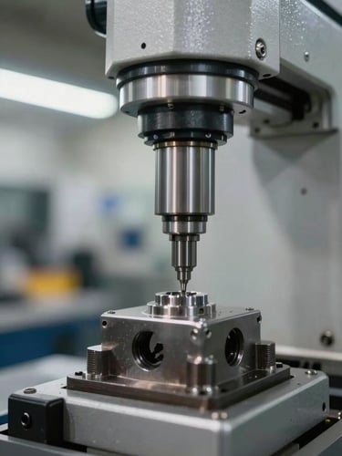 Close-up macro shot of a special purpose machine mid-operation on a factory floor, precision mechanical actuator engaging a steel component under overhead shop-floor task lighting, sharp focus on the tooling interface, industrial environment visible in background