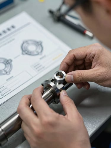Close-up of a quality engineer's hands placing a precision ring gauge over a machined shaft on a factory workbench, overhead task lighting, measurement certificate and technical drawing visible in the background