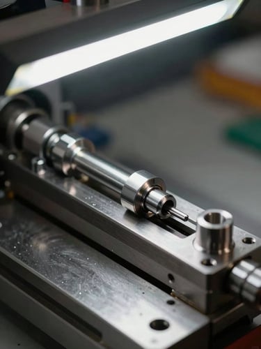 Macro close-up of a Special Purpose Machine component mid-assembly, precision-machined steel parts aligned on a fixture plate under crisp overhead shop-floor task lighting, no hands, no people, documentary framing
