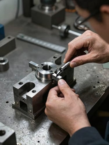 Close overhead view of a machinist's hands fitting a precision fixture component onto a steel jig, shop-floor task lighting casting crisp shadows, raw metal surfaces and measurement tools visible on the workbench